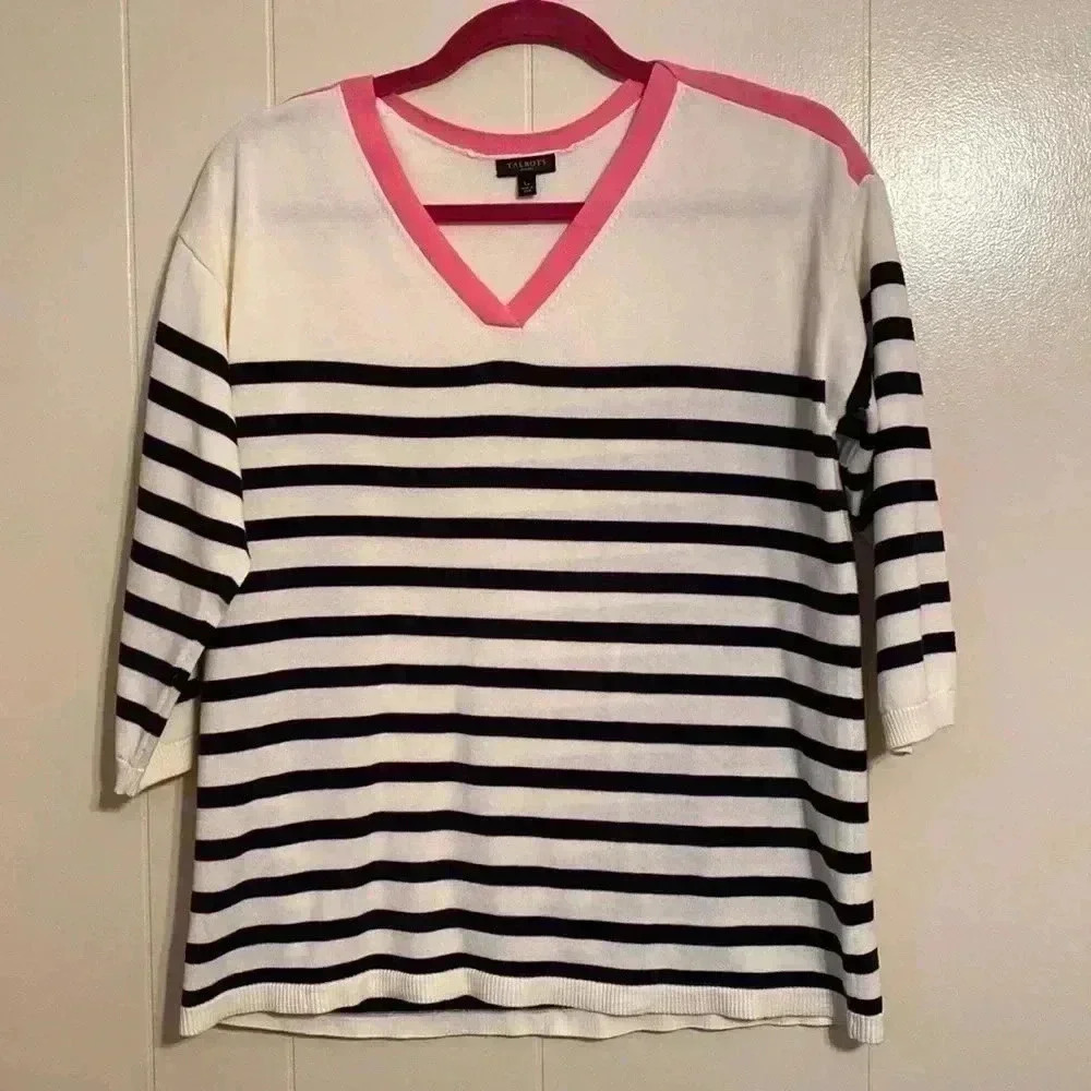 Talbots Large Petite Lightweight Sweater with Pink and Navy Blue Stripes.
